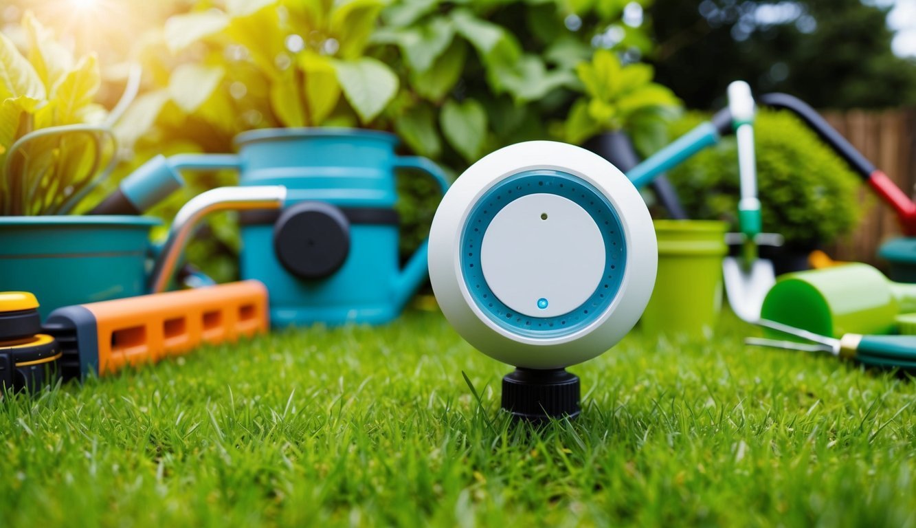 A weather sensor positioned in a lush garden, surrounded by various smart gardening tools and equipment