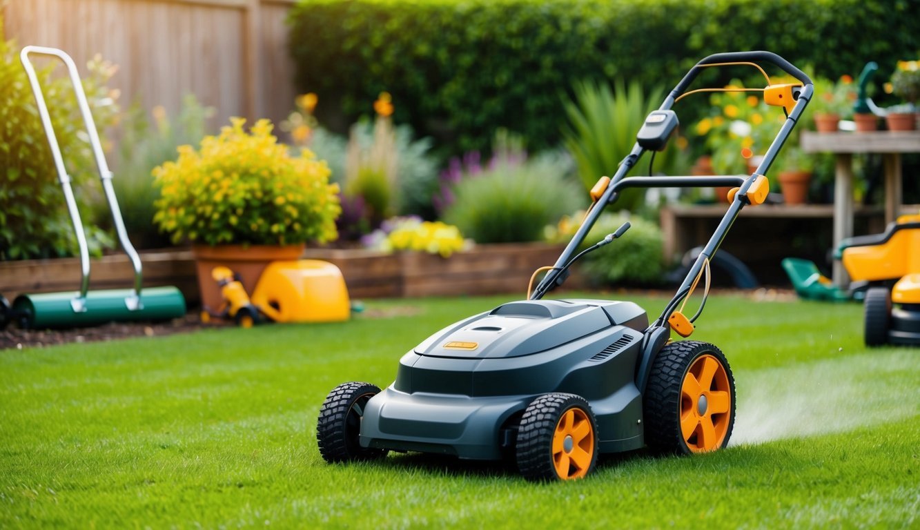 A robotic lawn mower navigating a well-manicured garden with various smart gardening tools and equipment scattered around