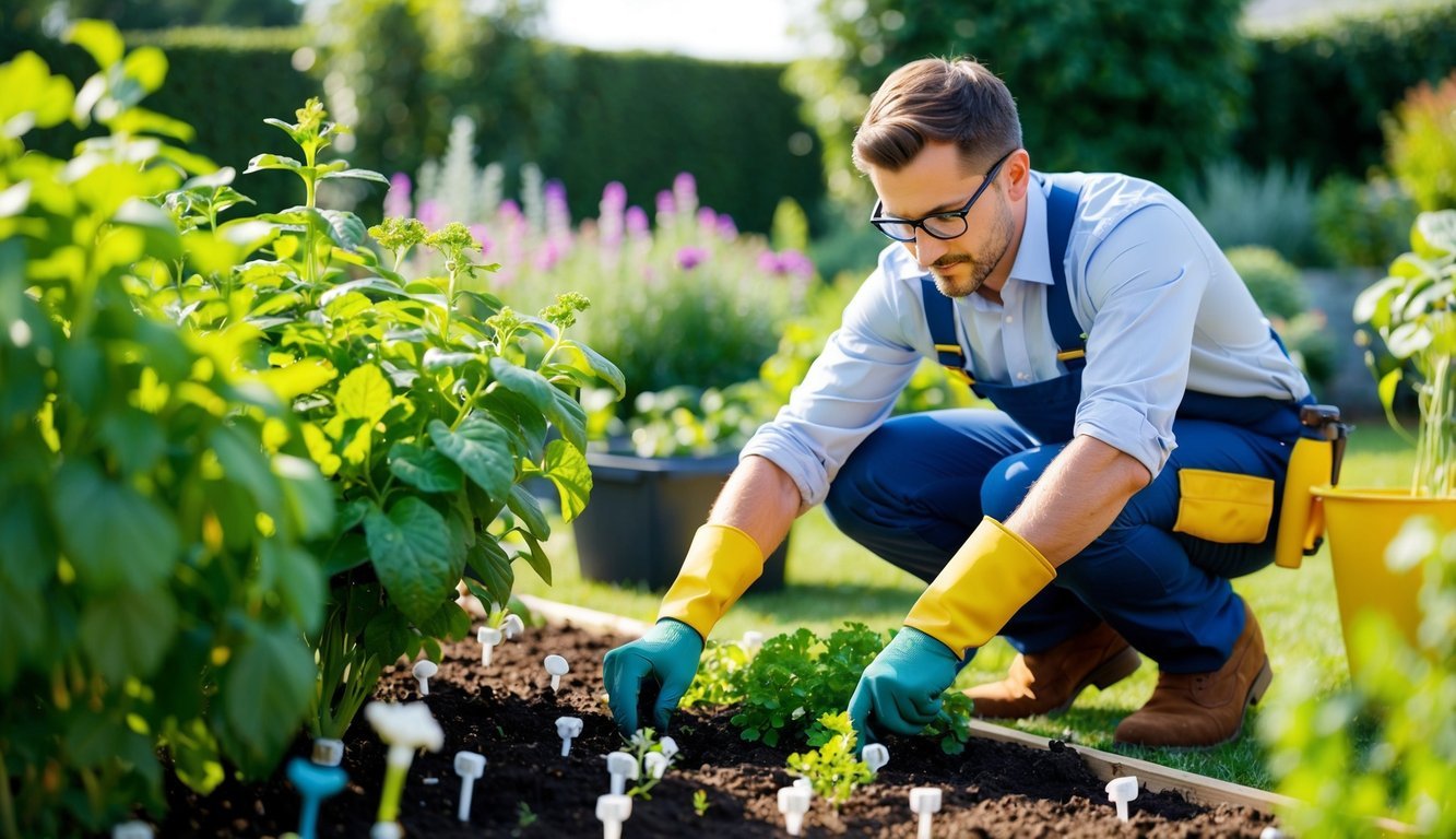 A busy professional quickly tends to a thriving garden, utilizing time-saving hacks like automated watering systems and efficient planting techniques
