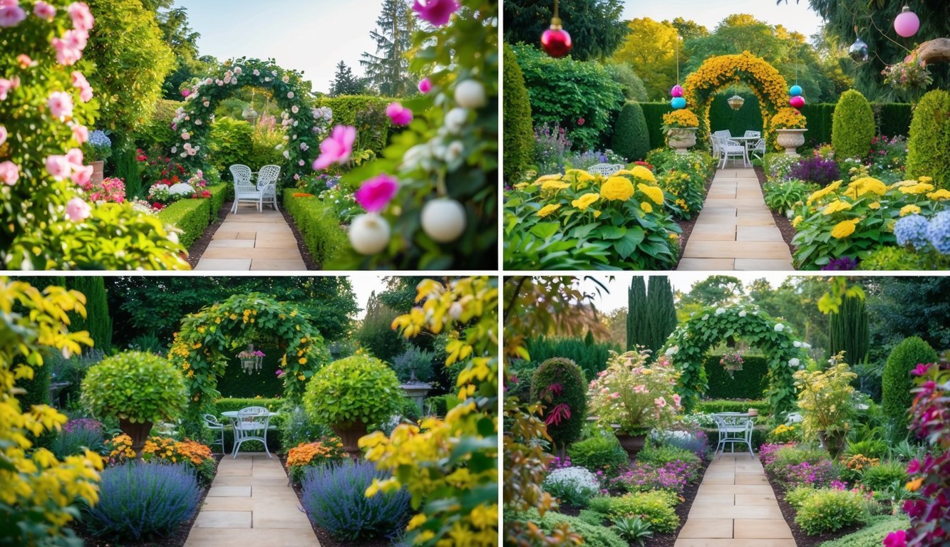 A lush garden with blooming flowers, vibrant foliage, and colorful ornaments throughout all four seasons