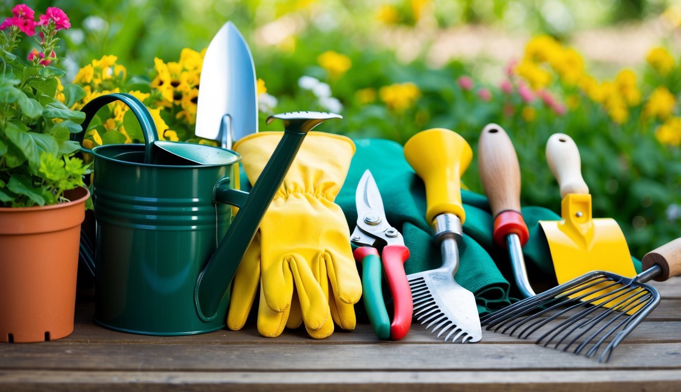 A neatly organized row of gardening tools on a wooden table, including a trowel, pruning shears, gloves, watering can, and rake