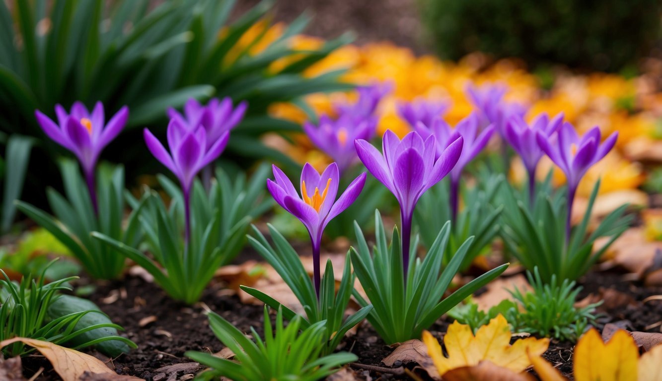 Vibrant purple Autumn Crocus blooms among green foliage in a garden, adding a pop of color to the autumn landscape