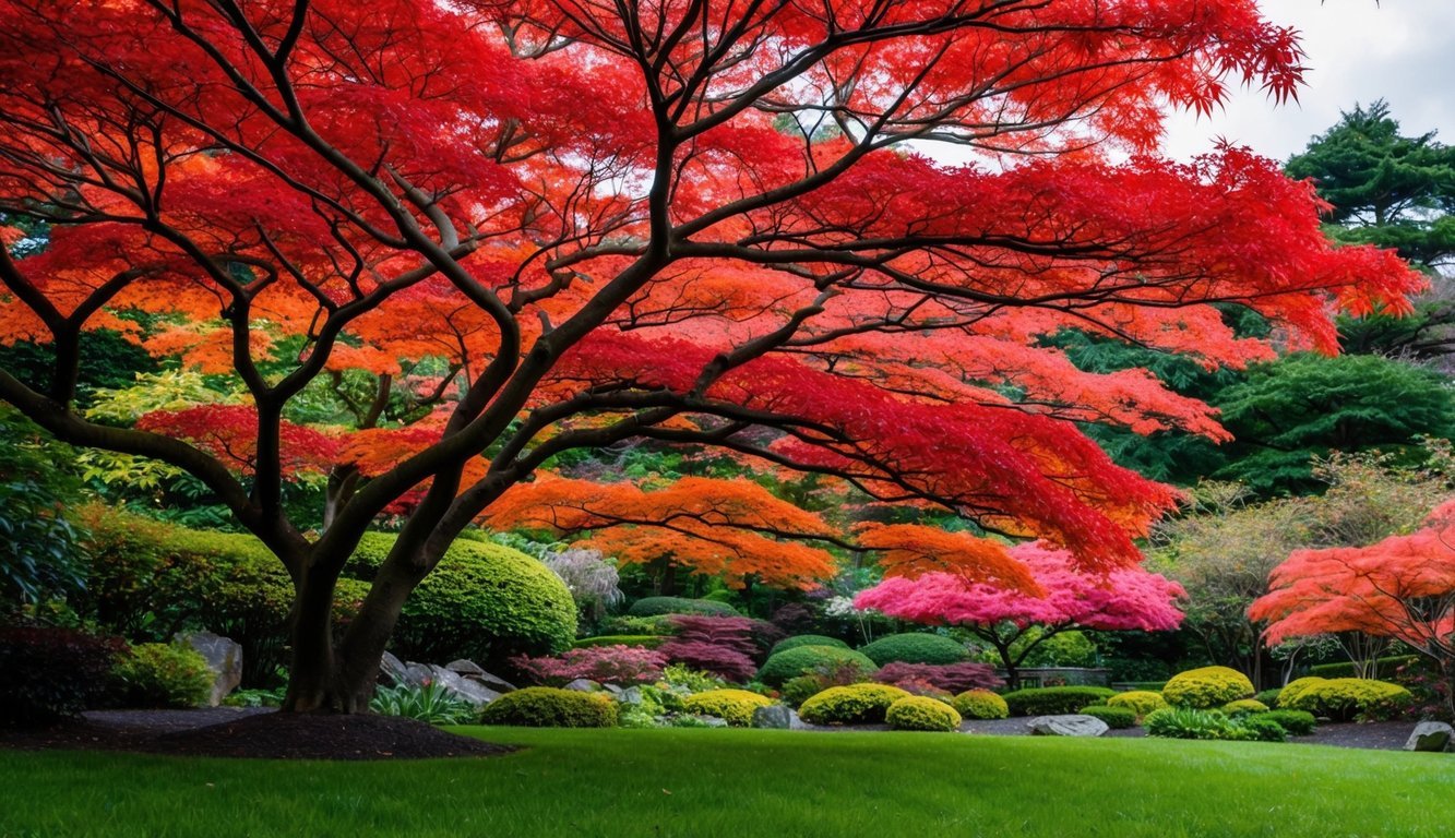 A lush garden with Japanese Maples in full bloom, their red leaves adding vibrant color year-round