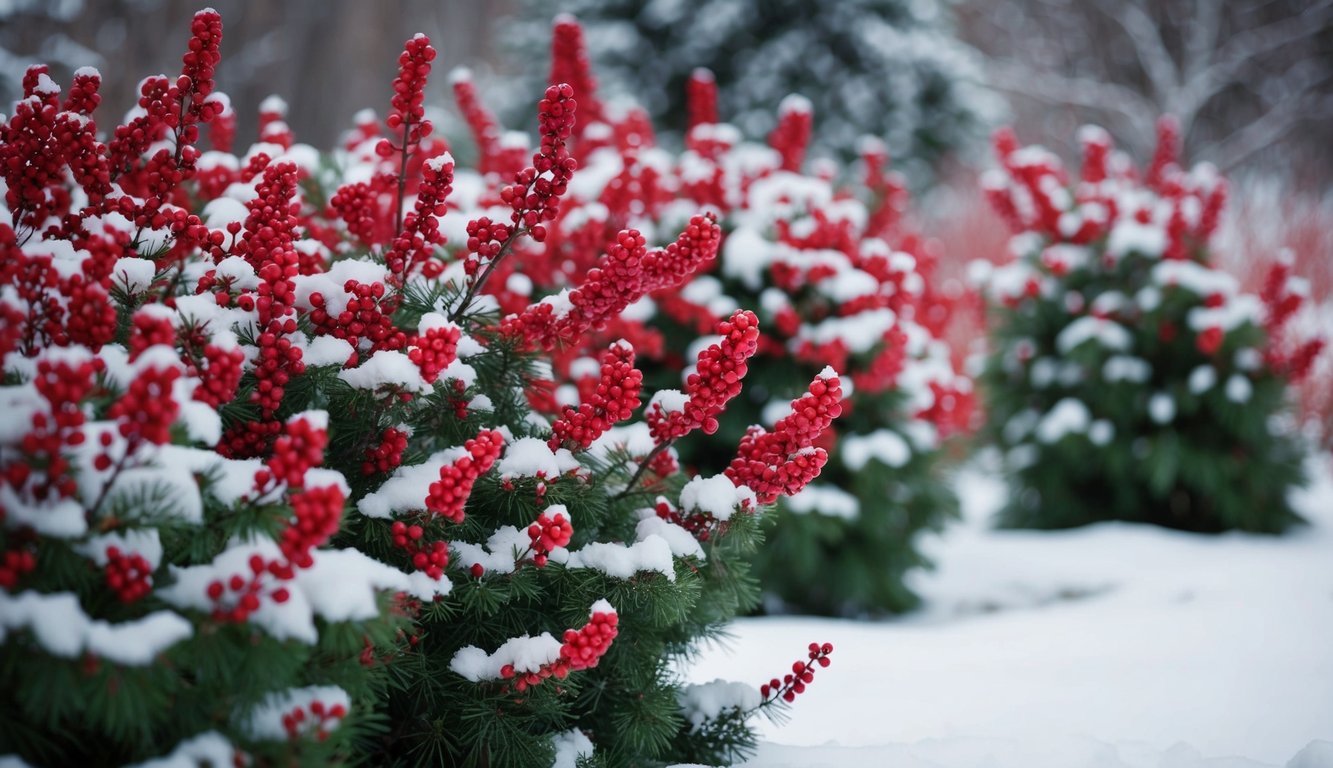 Winterberry shrubs stand out against a backdrop of snow, their vibrant red berries adding a pop of color to the winter garden