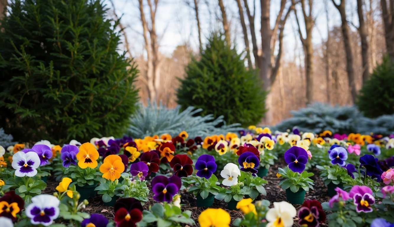 A garden bed filled with vibrant pansies in various colors, surrounded by evergreen shrubs and a backdrop of bare trees, creating a beautiful winter scene