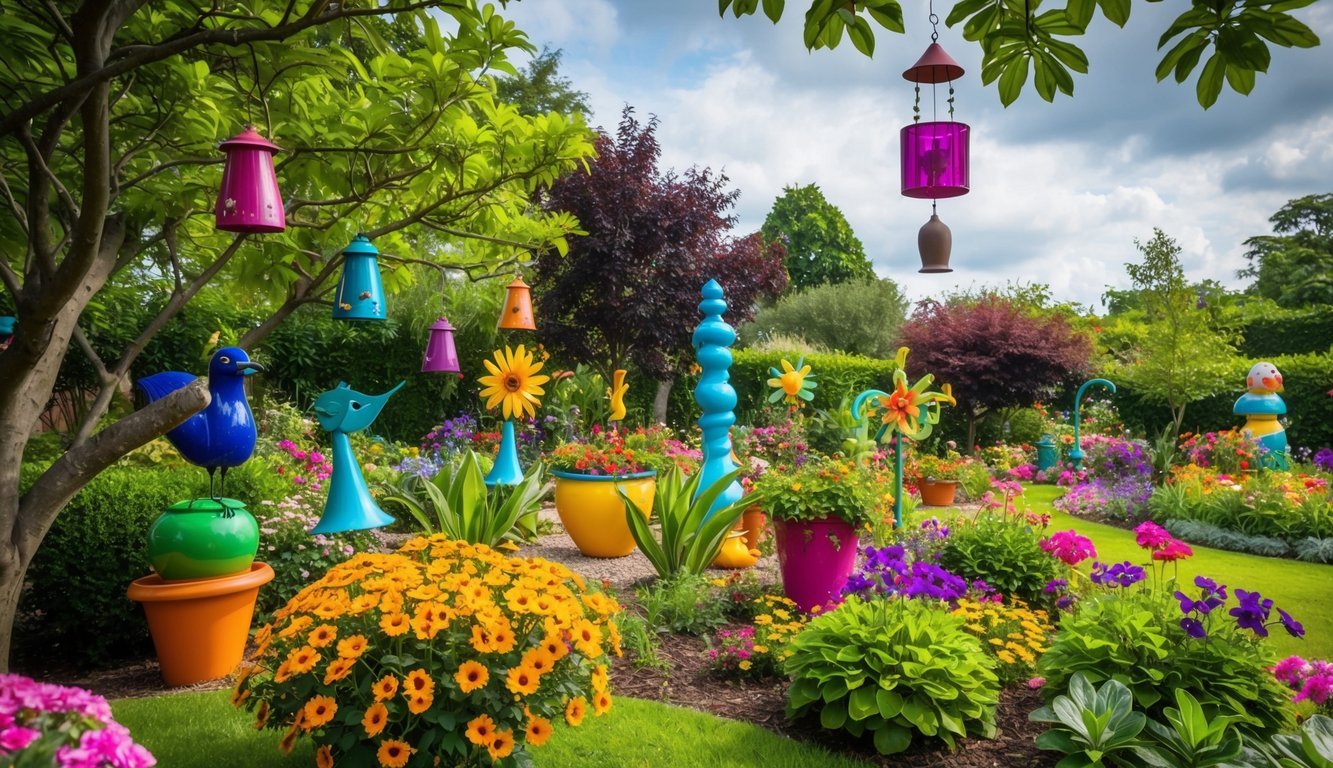 Vibrant flowers and whimsical sculptures dot a lush garden, with colorful wind chimes and bird feeders hanging from tree branches.</p><p>Brightly painted pots and garden ornaments add pops of color throughout