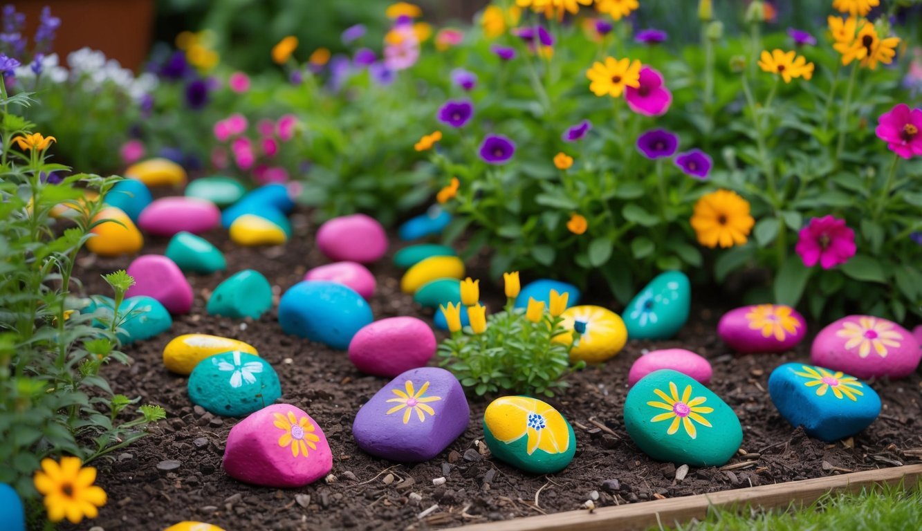 Painted rocks scattered among vibrant flowers and greenery in a garden bed, adding pops of color and whimsy to the landscape