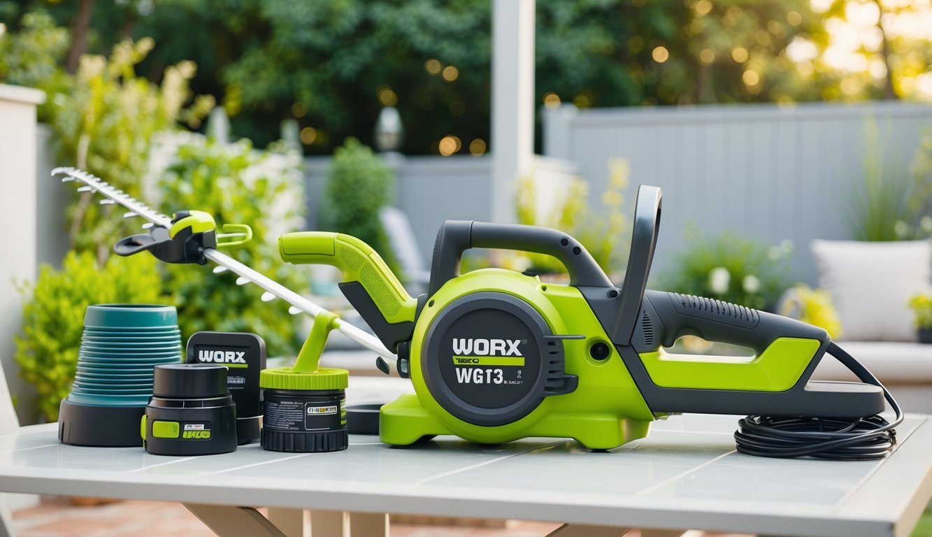 A neatly organized set of gardening tools, including the WORX WG163 GT 3.0 Trimmer, displayed on a clean, well-maintained outdoor patio