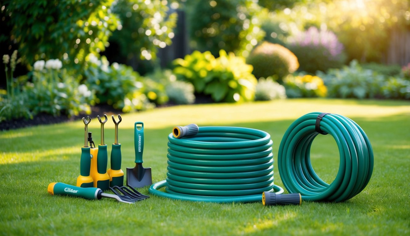 A neatly organized set of gardening tools arranged next to a coiled Gilmour Flexogen hose in a lush garden setting