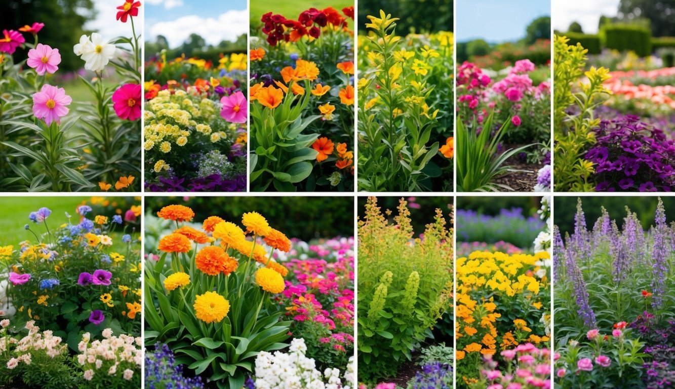 A garden with a variety of colorful flowers and plants arranged in different sections, showcasing the different seasons and the beauty of nature throughout the year