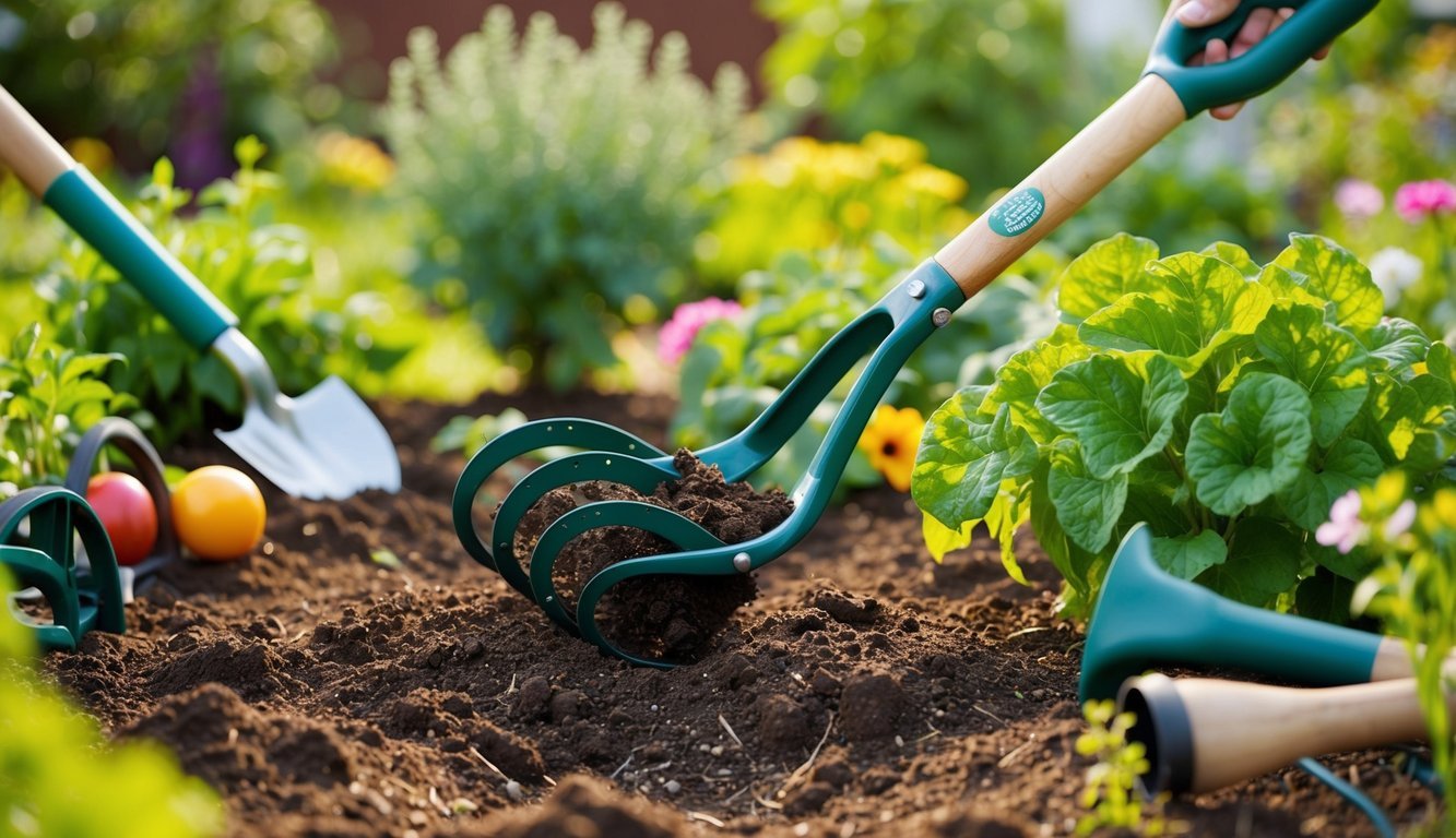 A garden with rich soil being effortlessly cultivated by the Garden Weasel 3-Tine Cultivator, surrounded by various other time-saving gardening tools