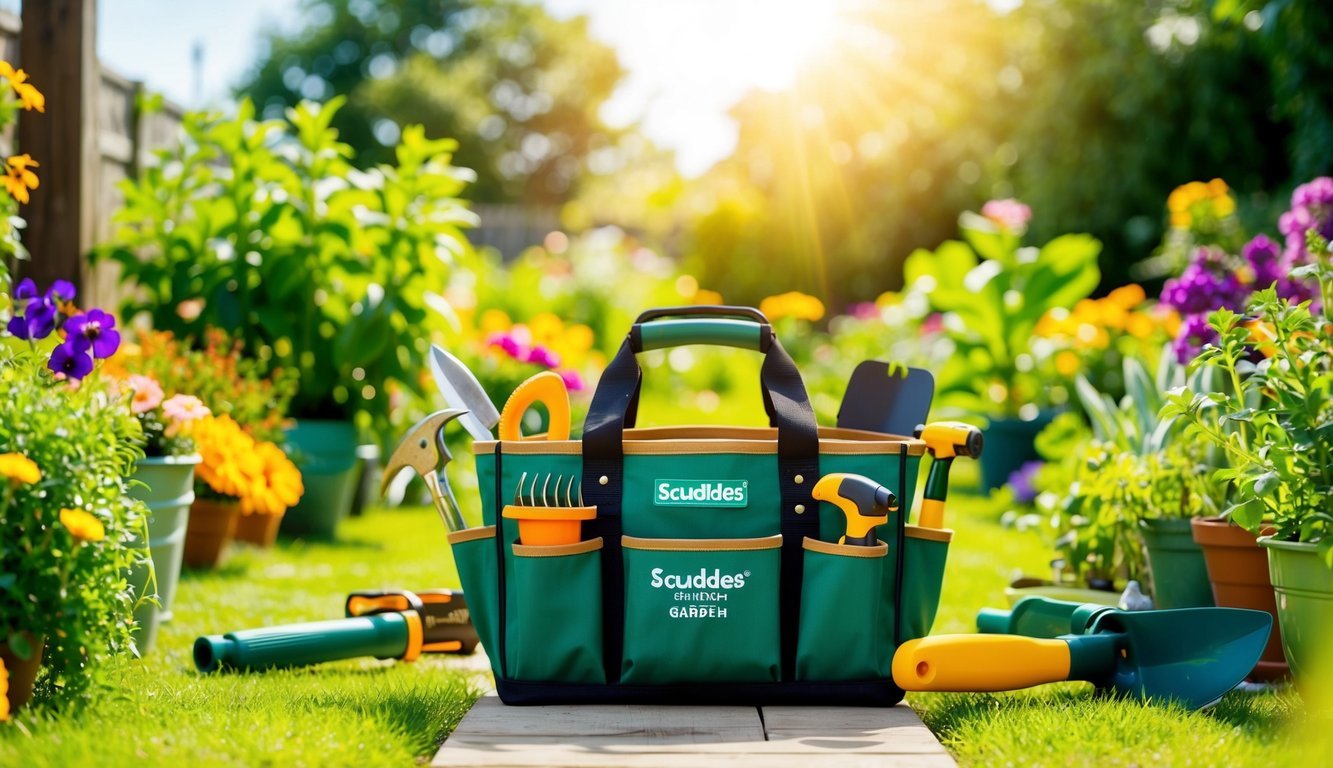 A bright, sunny garden with a variety of plants and flowers, surrounded by a collection of ten well-organized gardening tools in the Scuddles Heavy Duty Garden Tote