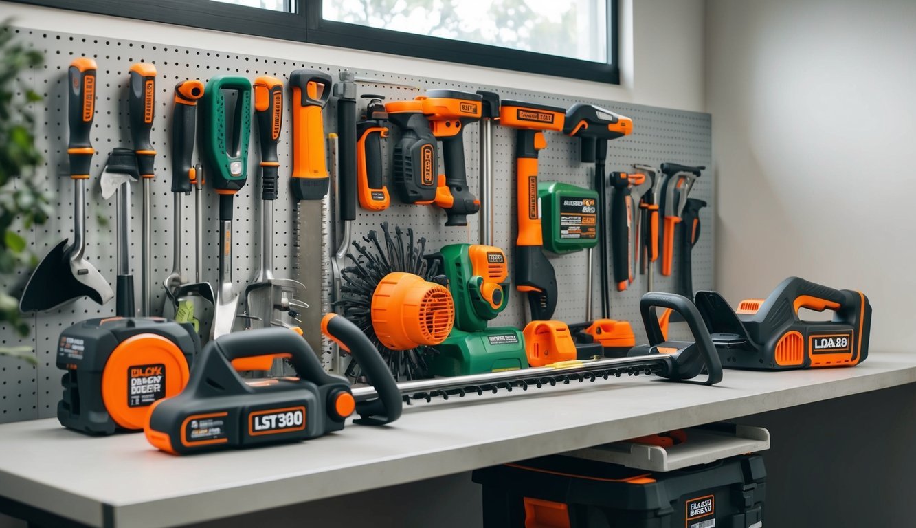 A neatly organized array of gardening tools, including the Black+Decker LST300 Trimmer, displayed on a clean, well-lit workbench