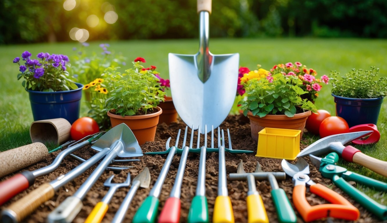 A garden spade surrounded by various gardening tools in a neatly organized layout