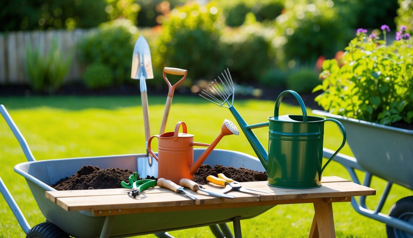 A sunny garden with a variety of gardening tools neatly arranged on a wooden workbench, including a shovel, rake, watering can, and pruning shears.</p><p>A wheelbarrow filled with soil sits nearby