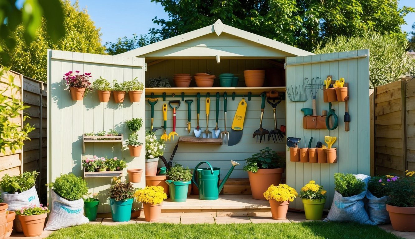 A sunny garden shed with neatly organized gardening tools hanging on hooks and shelves, surrounded by potted plants and bags of soil