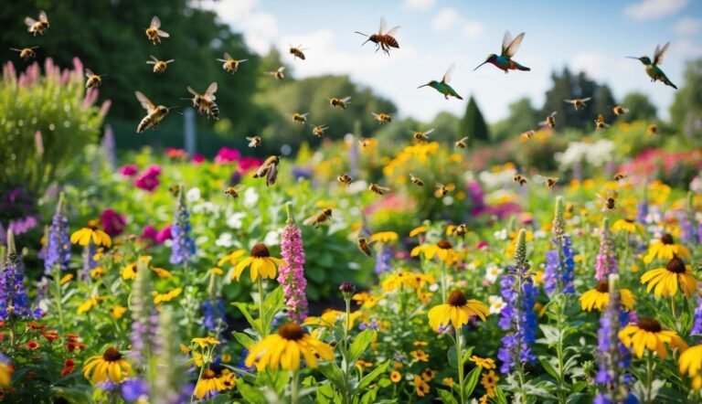 Bees and hummingbirds fly over a colorful flower garden