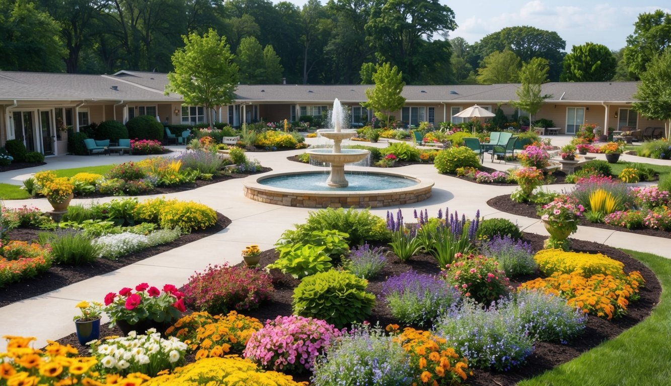 A colorful array of flowers, winding pathways, and cozy seating areas fill the large retirement garden, with a central fountain and space for various gardening projects