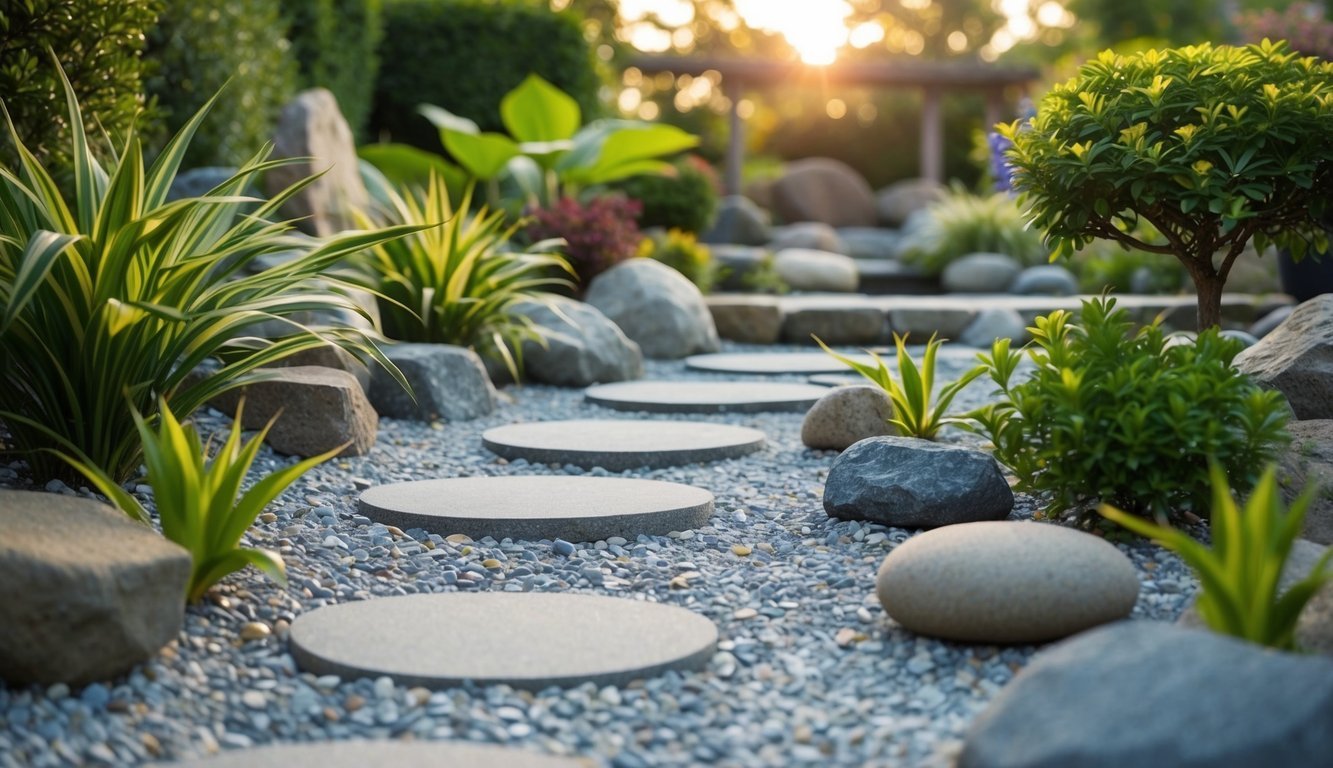 A serene Zen garden with raked gravel, stepping stones, and carefully placed rocks and plants, surrounded by a lush retirement garden