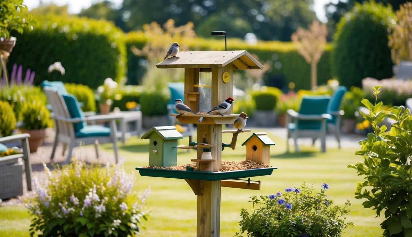A birdwatching station with feeders, perches, and birdhouses surrounded by lush gardens and seating areas in a large retirement garden