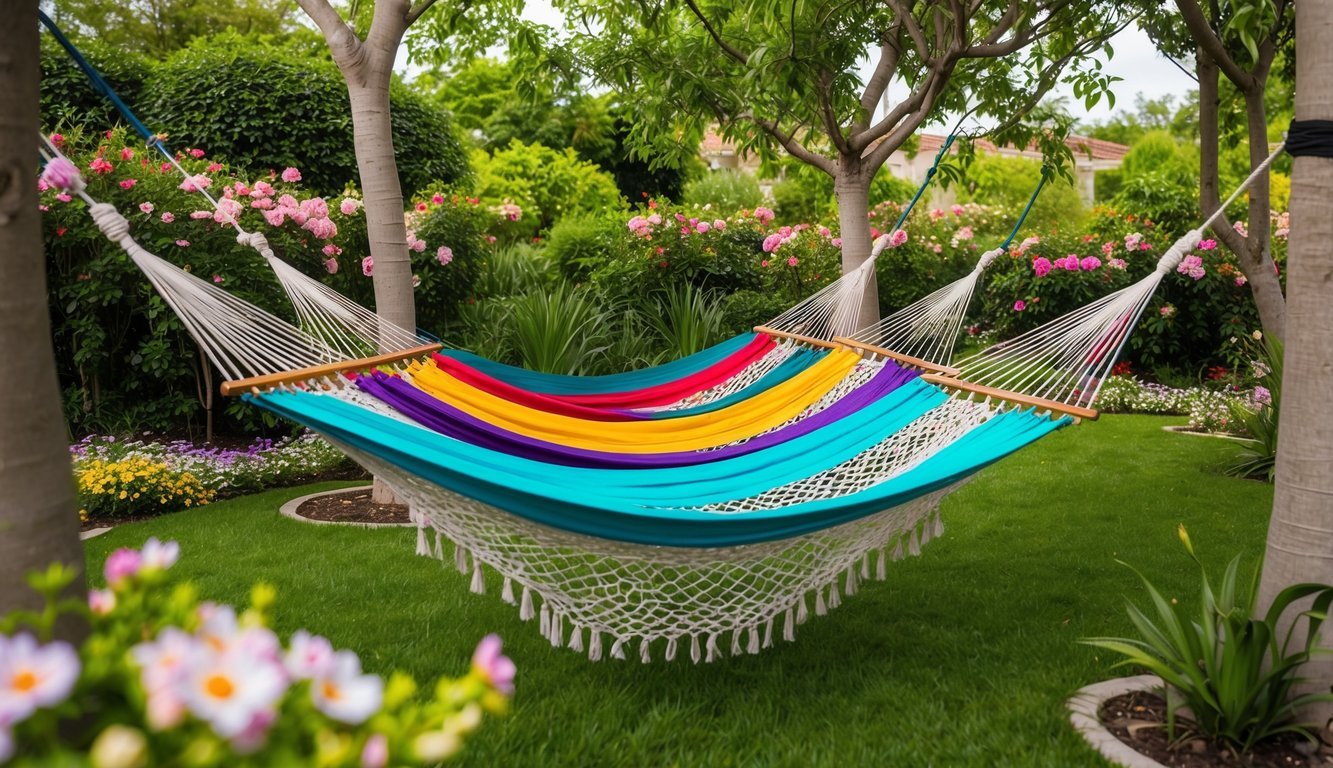 A hammock retreat in a retirement garden, with colorful hammocks strung between trees, surrounded by blooming flowers and lush greenery