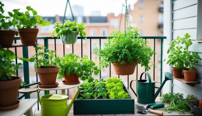 Balcony garden with various potted herbs, watering cans, and gardening tools