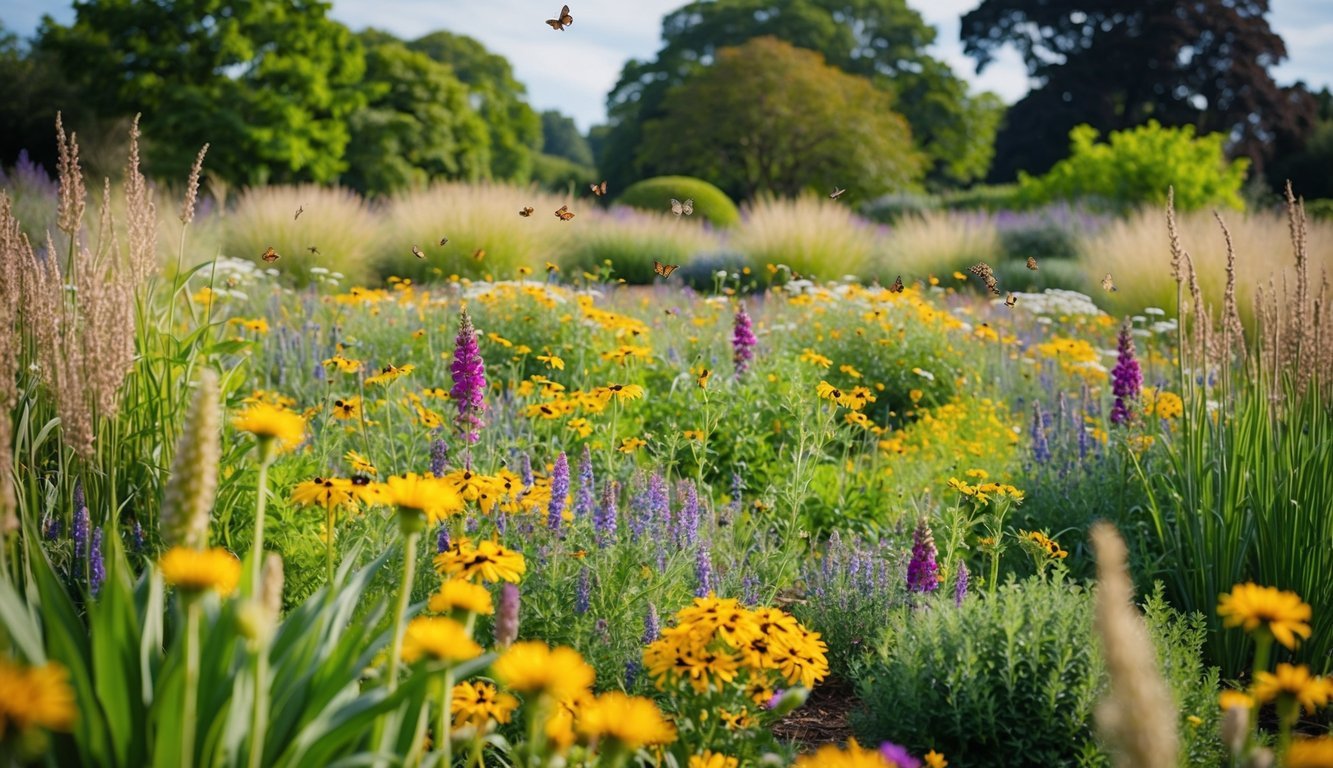 A sprawling retirement garden filled with vibrant native wildflowers, buzzing with bees and fluttering butterflies, surrounded by tall grasses and a backdrop of mature trees