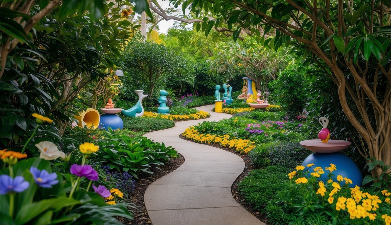 A winding path through lush foliage, with colorful flowers, whimsical sculptures, and hidden nooks for sitting and reflecting