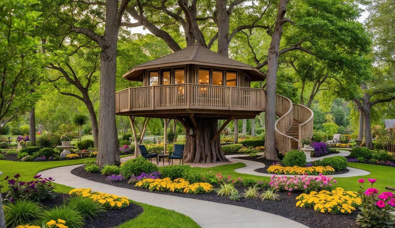 A large treehouse nestled among lush green trees in a retirement garden, surrounded by colorful flowers and winding paths