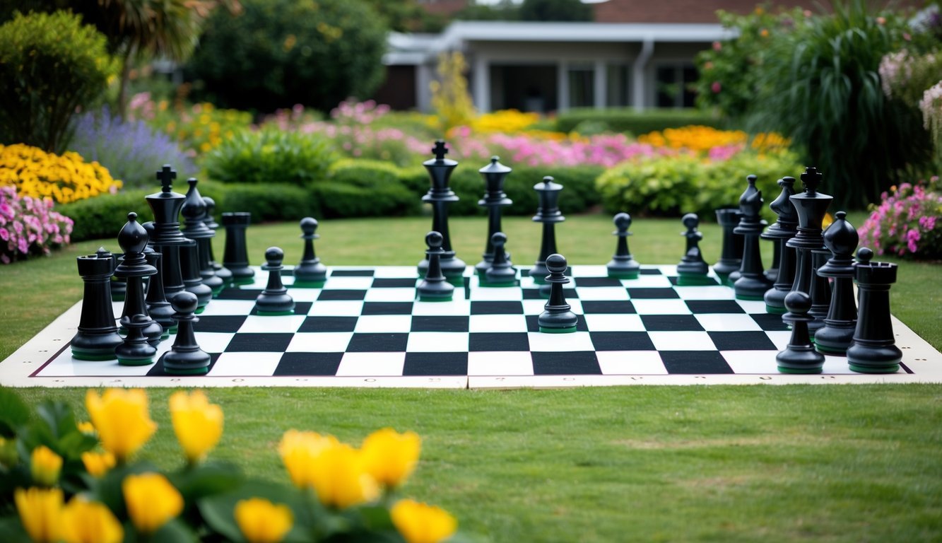 A giant chessboard sits in a retirement garden, surrounded by vibrant flowers and lush greenery.</p><p>The oversized chess pieces are scattered across the board, inviting residents to engage in a game of strategy and leisure