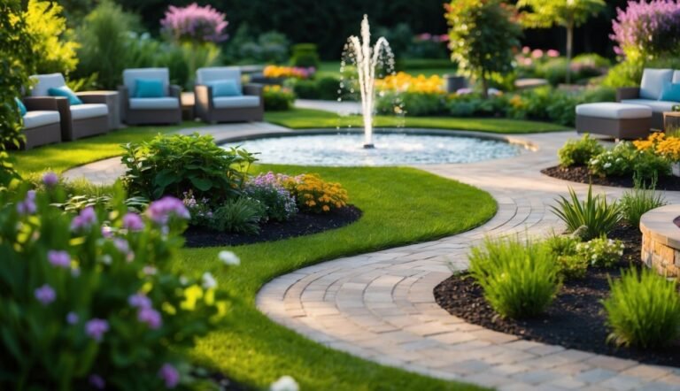 Beautiful garden with fountain, paved path, seating, and colorful flowers