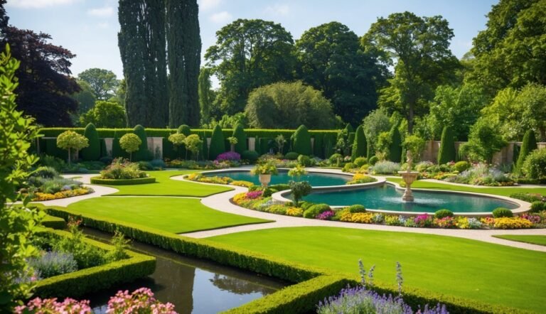 Formal garden with ponds, fountains, manicured lawns, and lush greenery