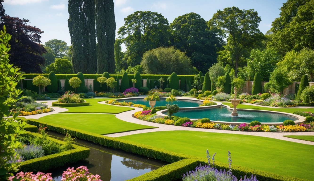 A sprawling garden with 10 distinct landscaping projects, including a winding pathway, a tranquil pond, and colorful flower beds.</p><p>Tall trees and lush greenery provide a backdrop for the expansive outdoor space