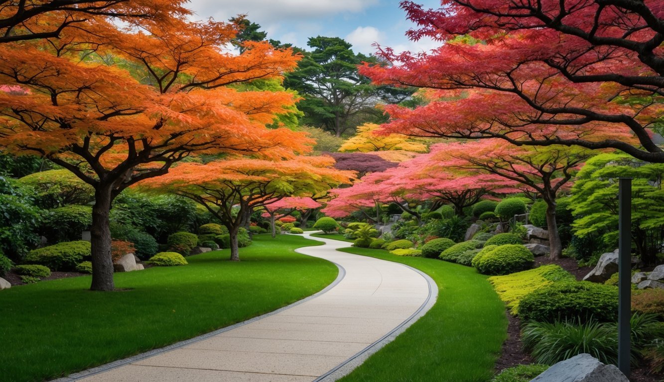 A winding pathway lined with vibrant Japanese Maple trees leads through a lush garden, creating a tranquil and picturesque landscape