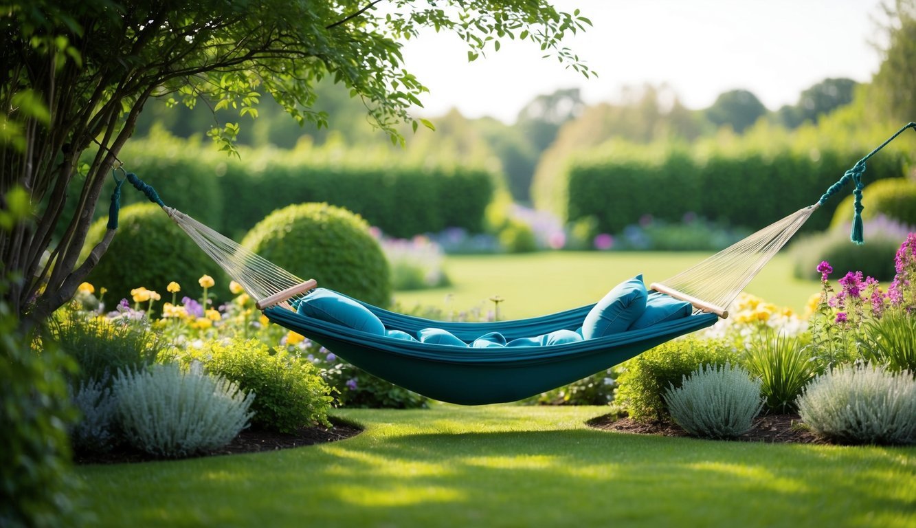 A serene meditation spot with a hammock nestled among lush greenery and blooming flowers, surrounded by a peaceful and expansive garden