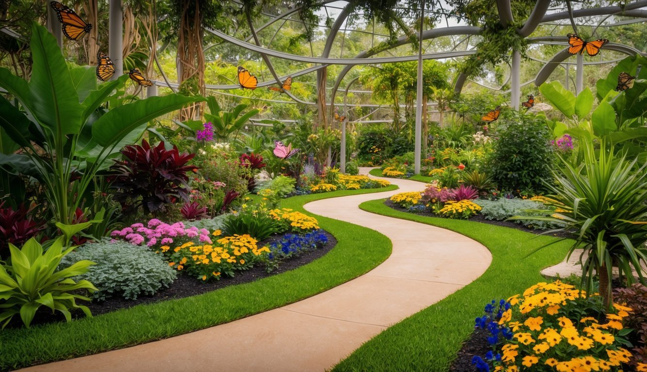 A lush and colorful butterfly sanctuary with winding paths, blooming flowers, and a variety of native plants creating a vibrant and inviting landscape