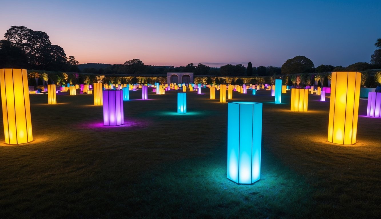 Vibrant light sculptures illuminate a sprawling garden, casting colorful patterns across the expansive landscape