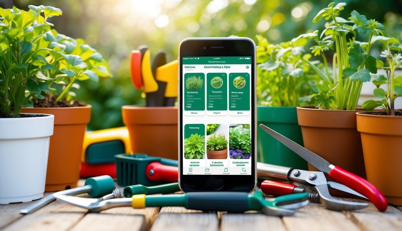 A smartphone surrounded by various gardening tools and potted plants, with a gardening app open on the screen displaying different features and options
