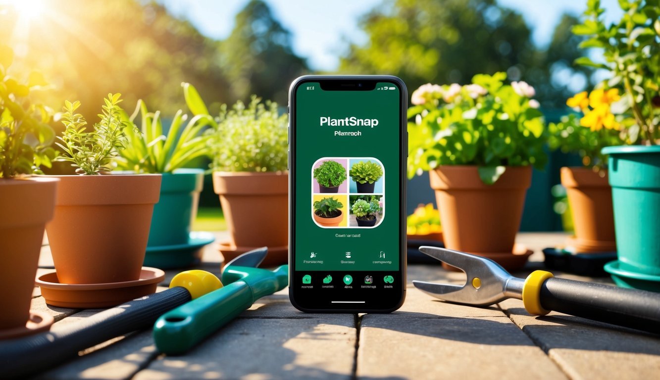 A smartphone displaying the PlantSnap app surrounded by various potted plants and gardening tools on a sunny patio