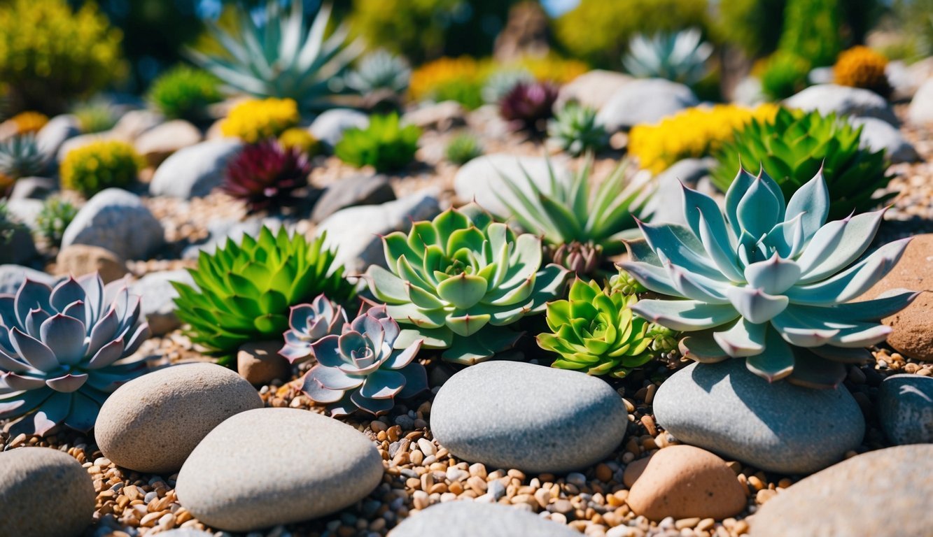 A variety of succulents and rocks are arranged in a creative and colorful rockery garden, adding visual interest to a large outdoor space
