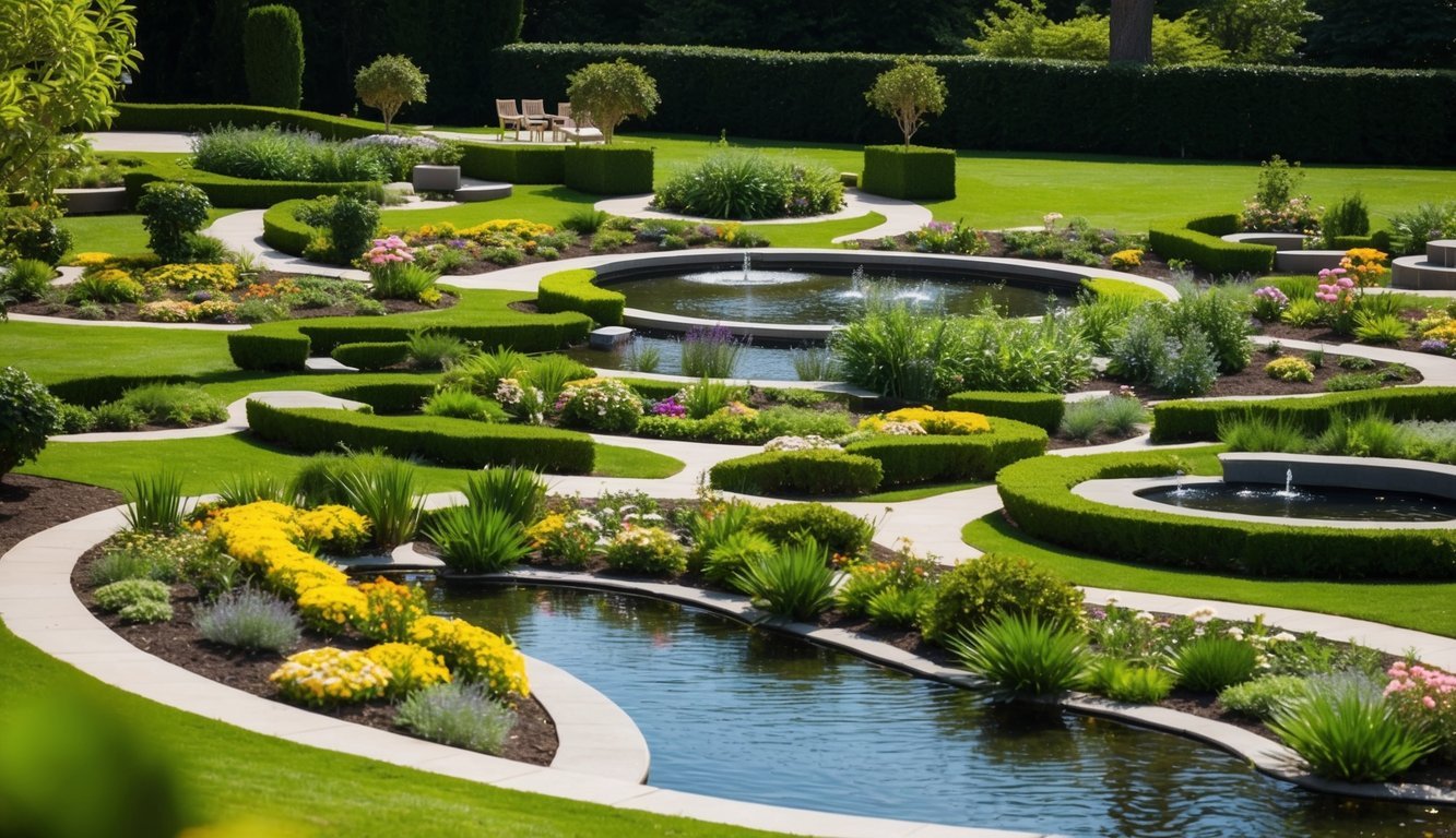 A lush garden with winding paths, a variety of flowers, and strategically placed seating areas.</p><p>A water feature adds a tranquil element to the expansive landscape