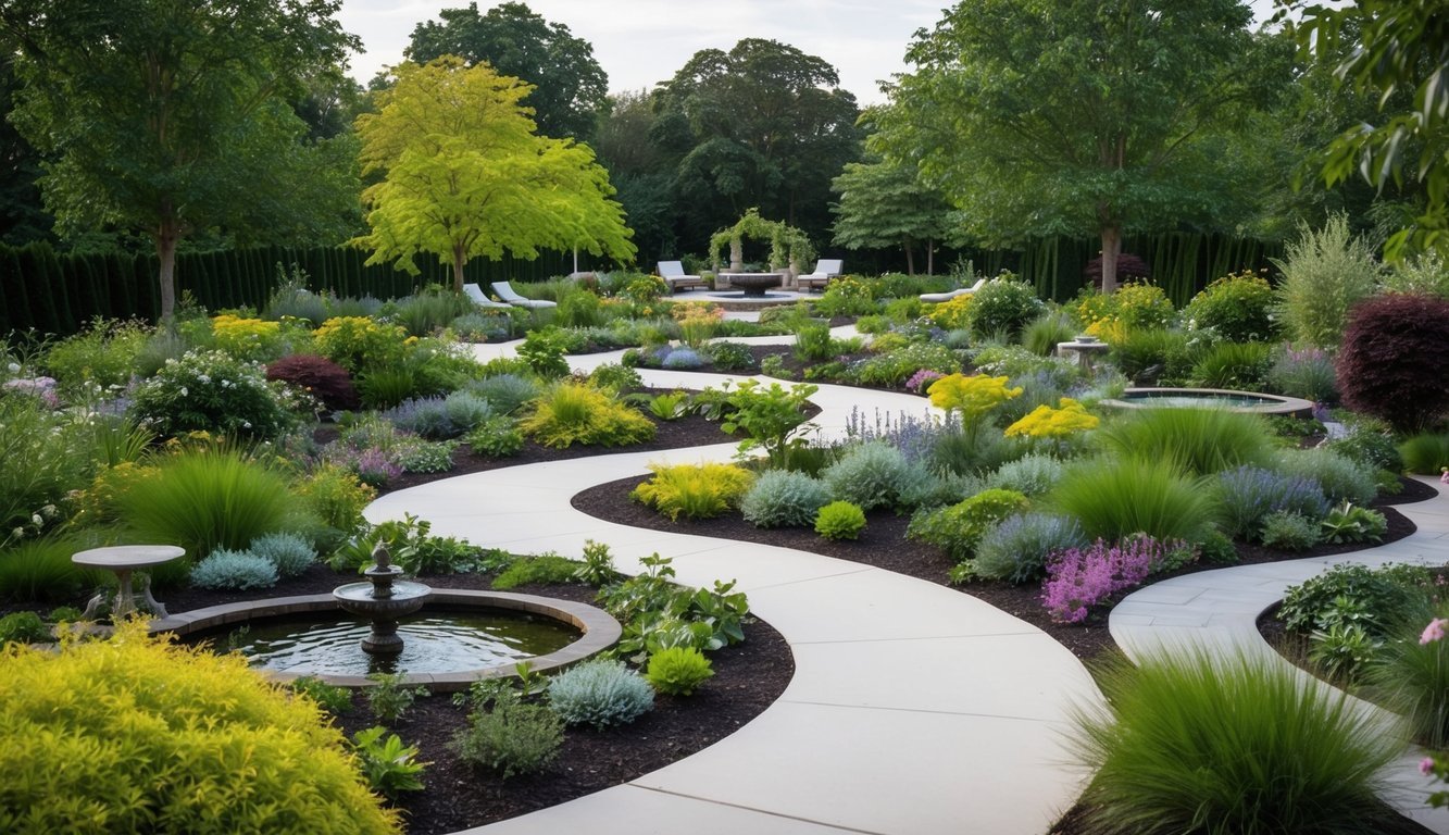 A sprawling garden with winding pathways, diverse plantings, and focal points like water features and seating areas