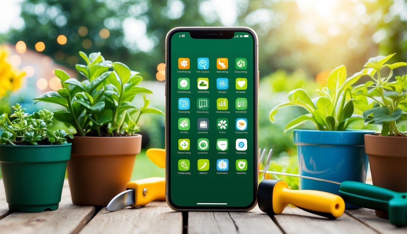 A smartphone with 10 gardening app icons displayed on the screen, surrounded by potted plants and gardening tools