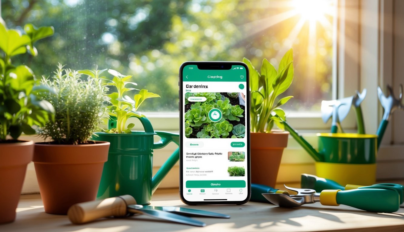 A smartphone displaying a gardening app surrounded by potted plants and gardening tools.</p><p>Sunlight streams through a window onto the scene