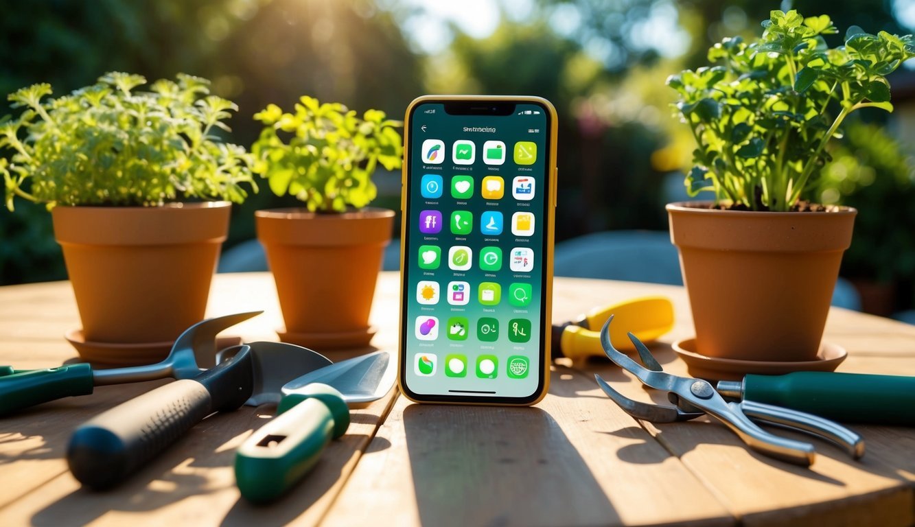A smartphone with gardening apps open on a sunlit patio table, surrounded by potted plants and gardening tools