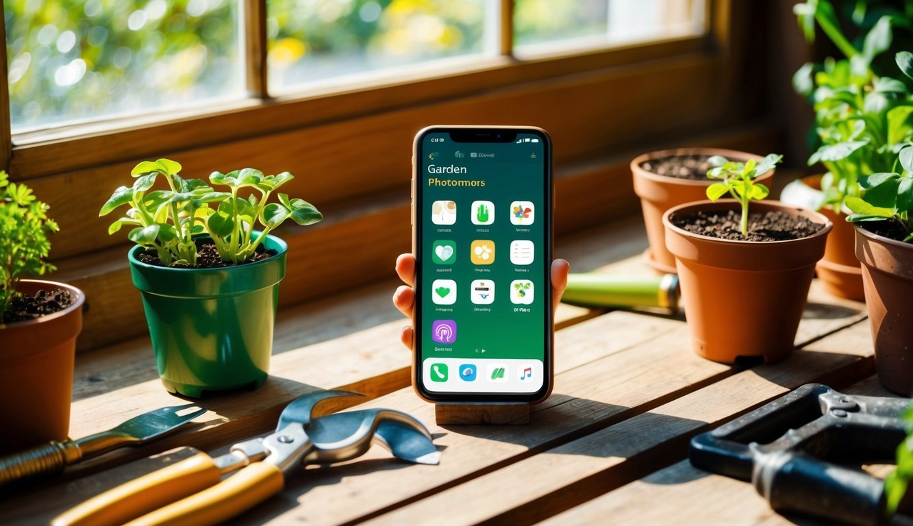 A smartphone with garden-themed apps open, surrounded by potted plants and gardening tools on a wooden table.</p><p>Sunlight filters through the window onto the scene