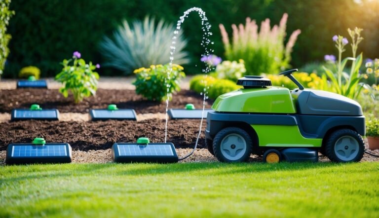 Green lawnmower with sprinkler system and solar panels in a garden