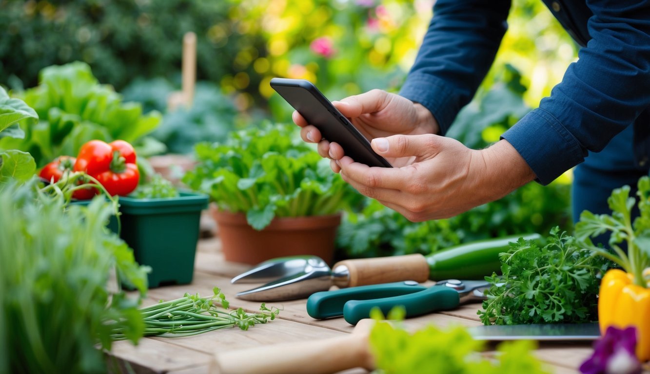 A person using a smartphone to plan and organize a vegetable garden, surrounded by gardening tools and plants