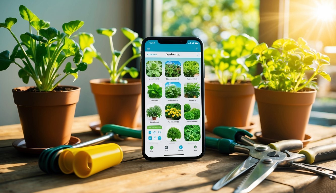 A smartphone displaying various gardening apps surrounded by potted plants and gardening tools on a wooden table.</p><p>Sunlight streams in through a nearby window, casting a warm glow over the scene
