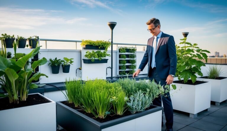 Man in suit tending to a rooftop garden with various plants